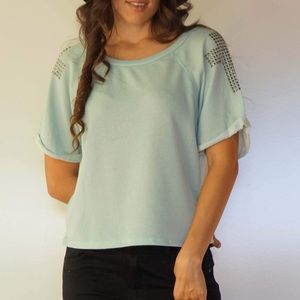 Mint Short Sleeve Top w/ Studded Shoulders Cross Raw Hem Size XS, S, L